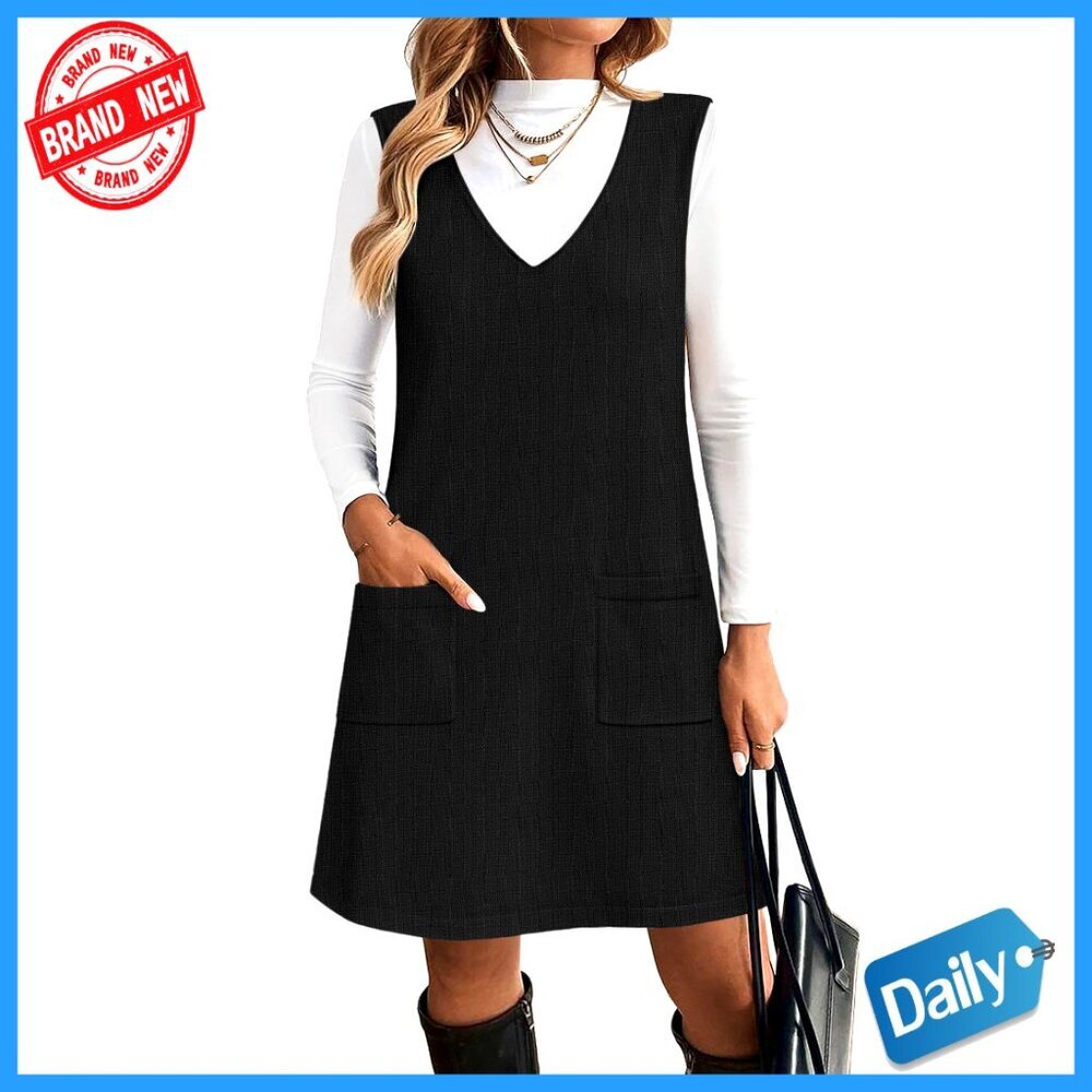Sleeveless V Neck Sweater Vest Dress Knit Pullover with Pockets Fall Winter